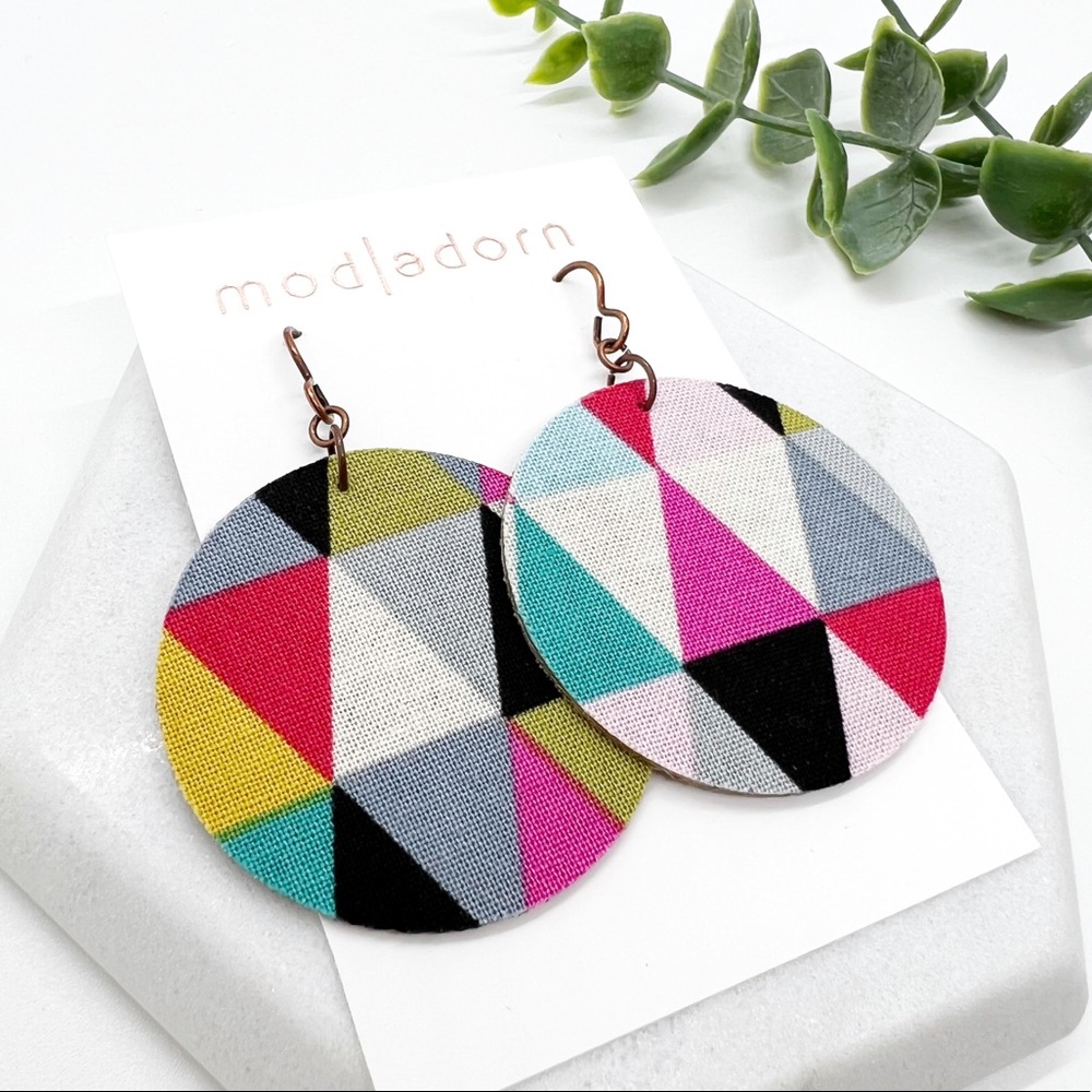 Handmade Geo Triangle Print and Metallic Gold Crackle Leather Circle Earrings